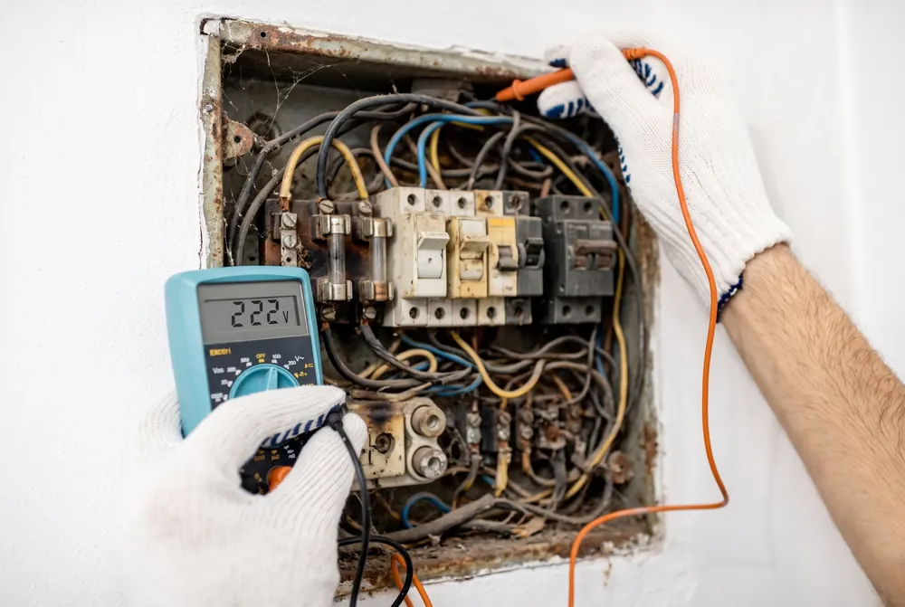 Sample before photo: the same panel as an old rusty fuse box with tangled wires.